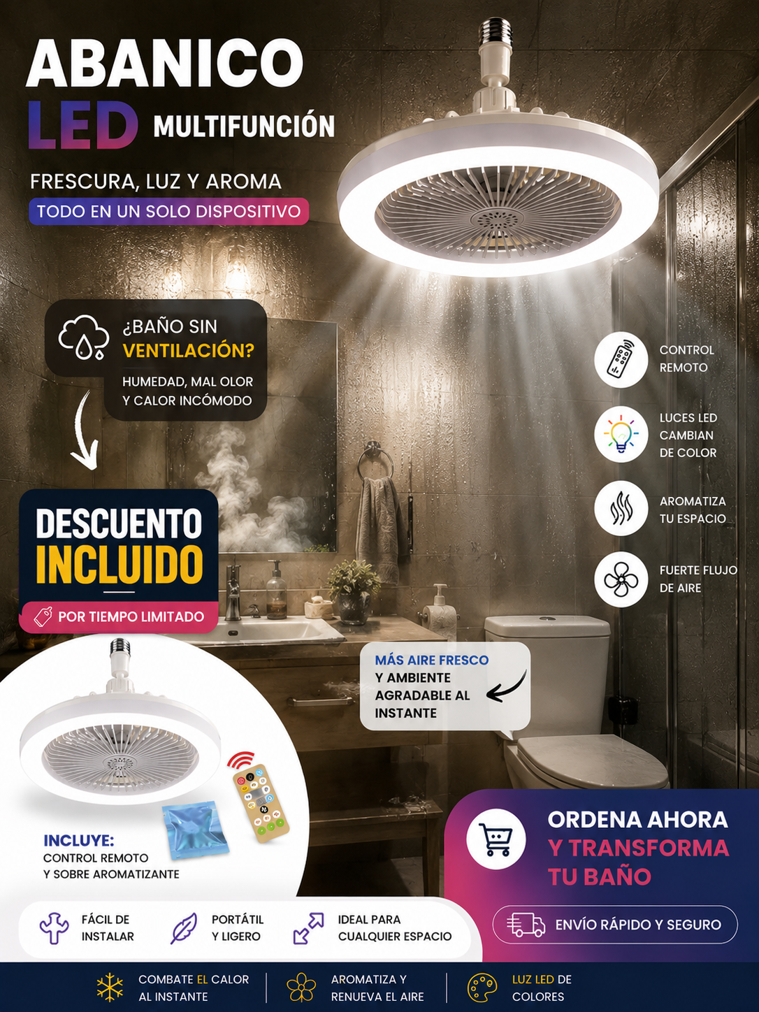 ABANICO CON LED Y AROMATIZANTE MULTIFUNCIONAL